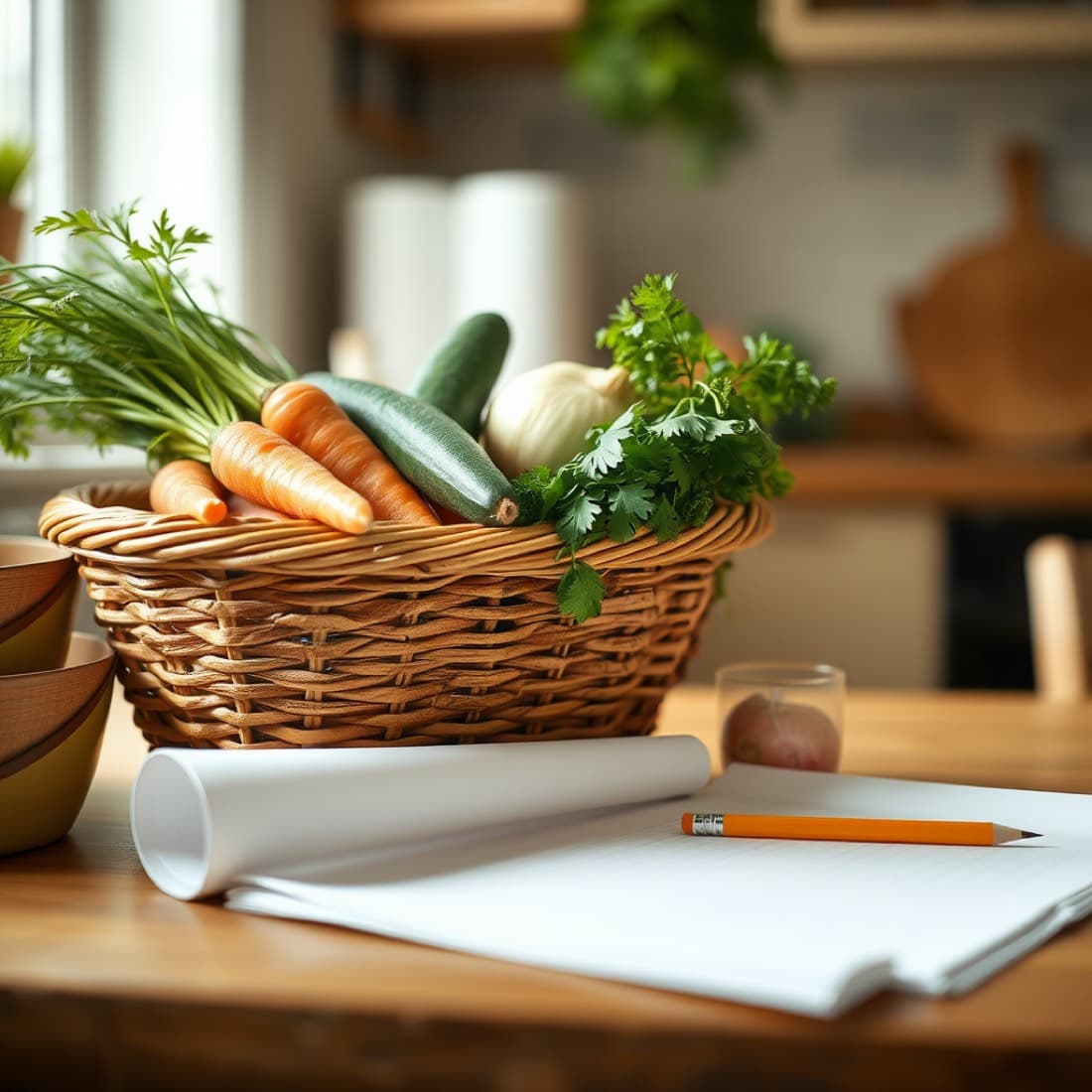 Panier d'osier rempli de légumes frais posé sur une table de cuisine, à côté d'une liste de courses.