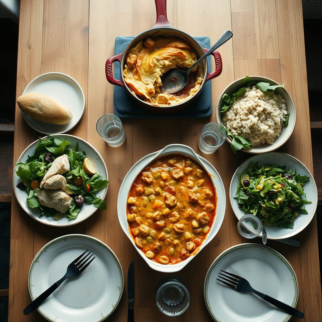 Table de famille vue du dessus : un gratin en cocotte, un plat mijoté, du riz, deux salades et du pain.