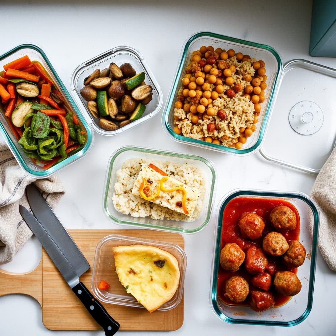 Cinq boîtes en verre sur un plan de travail après la session du dimanche : légumes rôtis, champignons, pois chiches et riz, quiche aux poireaux, boulettes à la tomate.